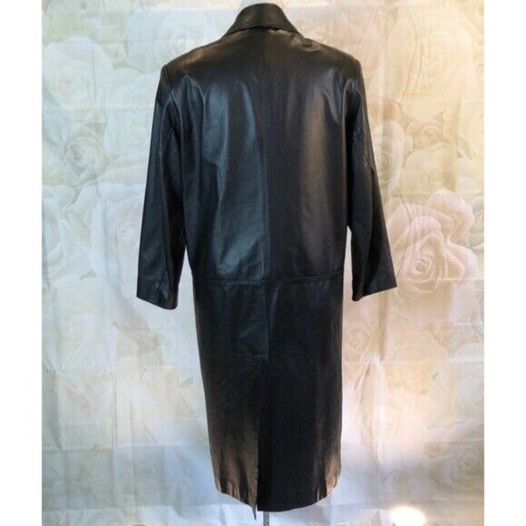 Traditional Trends Long Over-sized Trench Coat Black Leather Button up Petite - Picture 2 of 9